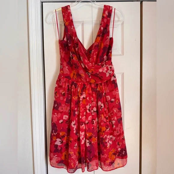 Express Floral Chiffon Fit Flare Pink Red Sleeveless Dress VNeck  Zipper Size 4 - Picture 4 of 11